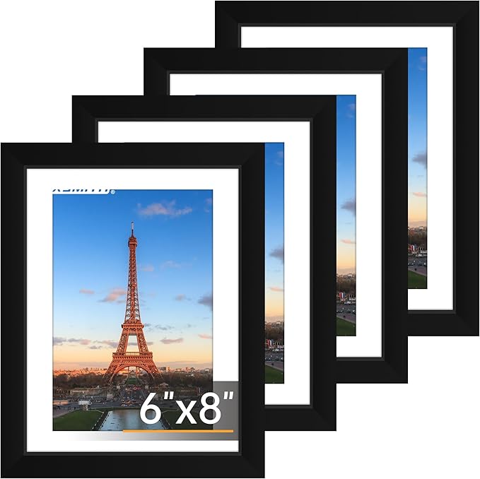 FIXSMITH 6x8 Picture Frame Set of 4, Photo Frame with HD Plexiglass, Display Pictures 5x7 with Mat or 6x8 Without Mat Multi Picture Frames Collage for Tabletop or Wall Display, Black