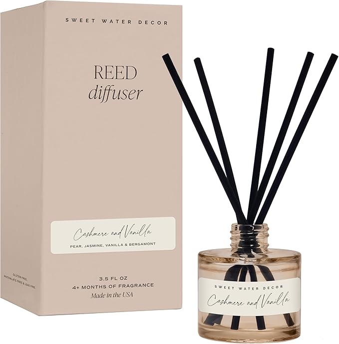 Sweet Water Decor Cashmere and Vanilla Reed Diffuser – Room Decor Aesthetic with Long-Lasting Premium Fragrance of Milky Coconut, Jasmine, Soft Cashmere, and Pear, for 4 Months – Ideal for Home Decor