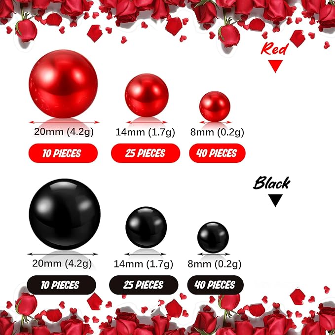 Black Red Vase Filler | 150PCS Pearls Bead for Centerpieces Vases | 8/14/20 mm No Hole Beads, Fake Pearls for Wedding Birthday Theme Party Table Centerpieces Decor