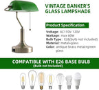 Banker Desk Lamp Green Glass, Antique Desk Lamps with Brass Base, Traditional Library Table Lamp with USB A and Type C Charging Port for Office, Study Room, Pull Chain Switch
