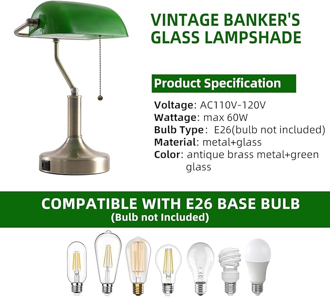 Banker Desk Lamp Green Glass, Antique Desk Lamps with Brass Base, Traditional Library Table Lamp with USB A and Type C Charging Port for Office, Study Room, Pull Chain Switch