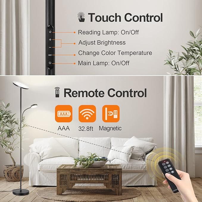 OUTON LED Floor Lamp, 27W/2400LM Modern Torchiere Lamp & 7W/ 400LM Reading Lamp, Bright Dimmable Standing Tall Lamp with 4 Color Temperature, Remote Touch Control for Living Room Bedroom Office, Black