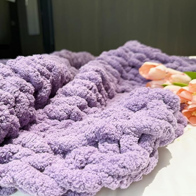 Chunky Knit Blanket Throw 40"x60", Chenille Throw Blankets, Handmade Warm & Cozy Blanket Couch Bed Home Decor, Soft Breathable Fleece Banket, Christmas for Couch Bed Sofa Best Gift (Purple)