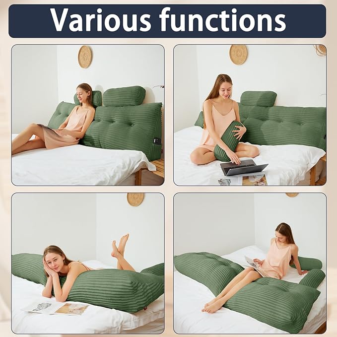 Headboard Wedge Pillow with 2 Pack Neck Roll Pillow Large Headboard Pillow Soft and Supportive with Removable Cover (sage Green, Twin: 39x8x20 Inches)