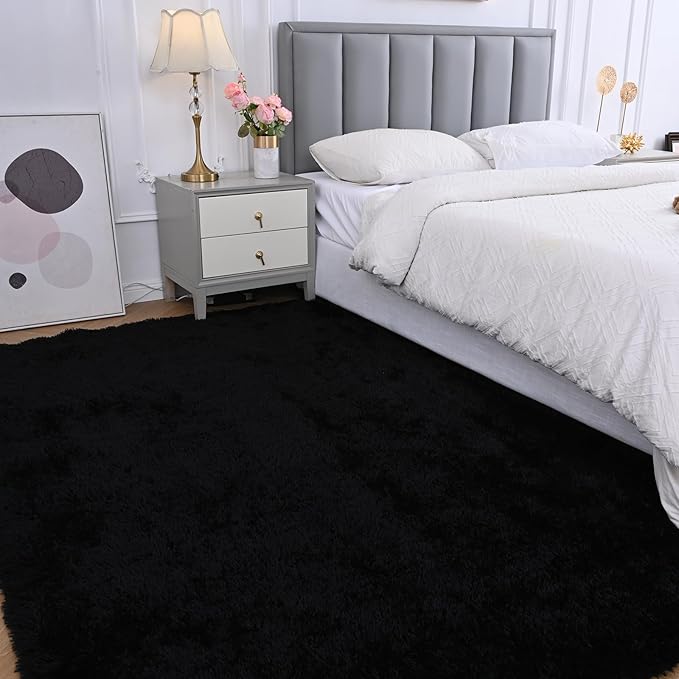 Fluffy Area Rug for Bedroom: Black Plush Soft Bedside Dorm Area Rug - Small Carpets for Bedroom Kids Room Nursery (Black, 3x5Feet)