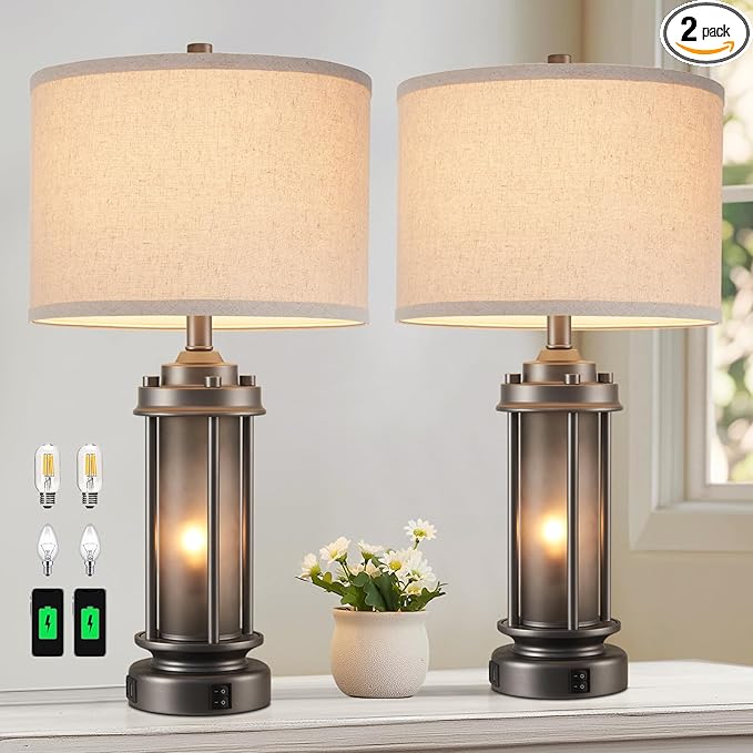 Industrial Metal Table Lamps Set of 2 Living Room Bedroom, 2 USB Ports Bedside Lamp with Glass Nightlight, Modern Desk Lamp for Entryway Office End Table, 4 Bulbs Included