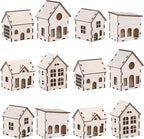 Hiboom 12 Pcs DIY Christmas Village Sets Wood Village Houses Christmas Mini Wooden House Gift for Winter Xmas Party Decorations