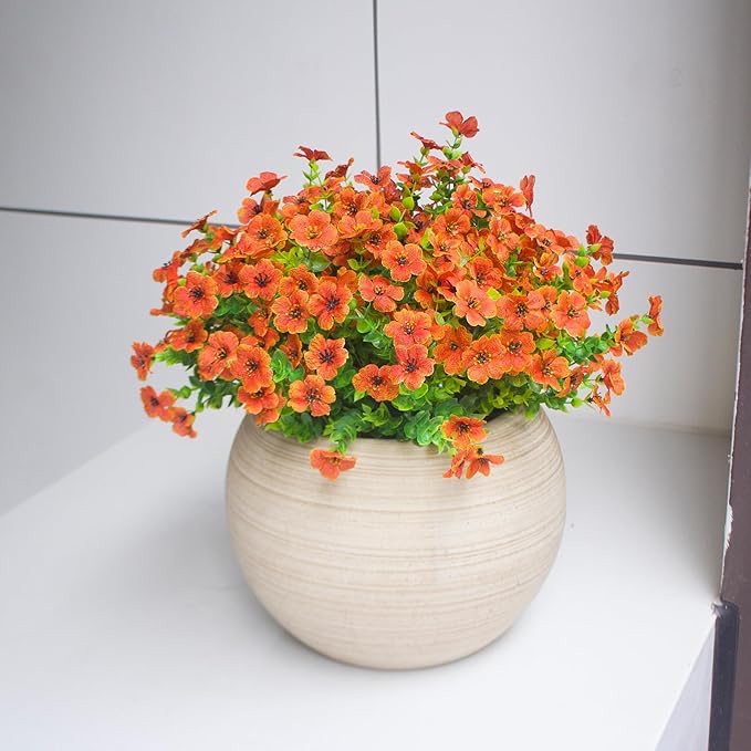 Fake Mums Artificial Outdoor Flowers 12 Bundles Autumn Fall Plants Daisy Faux Orange Blooms for Front Porch Window Box Patio Table Centerpieces Decor(Orange Daisy)