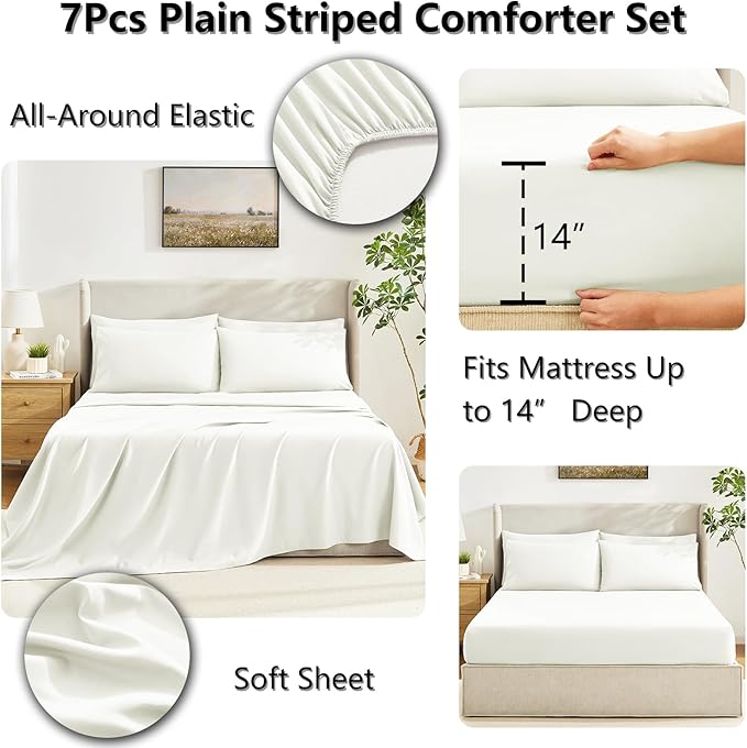 CozyLux Full Size Comforter Set Ivory - 7 Pieces Bed in a Bag, Cream Off White Comforter Full Size, Bedding Sets with All Season Quilted Comforter, Flat Sheet, Fitted Sheet, Pillowcases