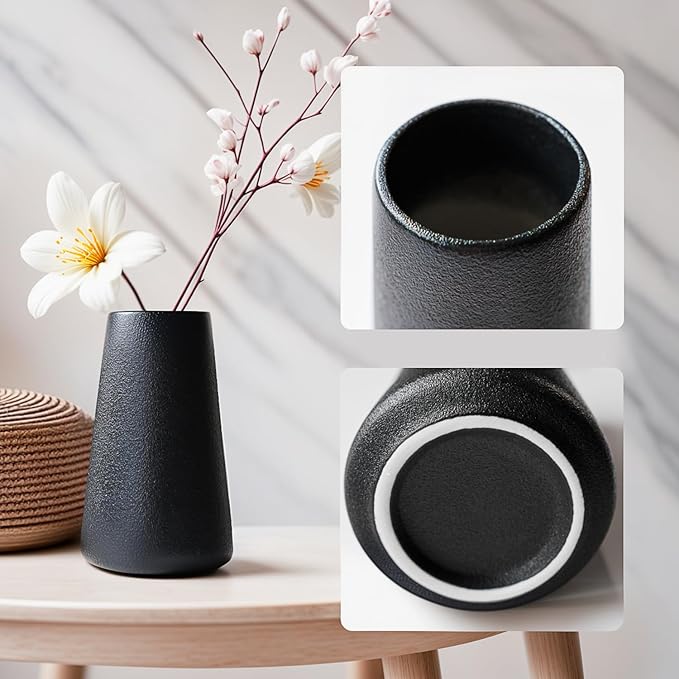 Modern Black 5.9'' Ceramic Vase Set of 6 for Living Room Bedroom Minimalist Flower Vases for Home Decor Office Centerpieces Fireplace Nordic Style Gift for Fake Plant 6 Pack Decoration