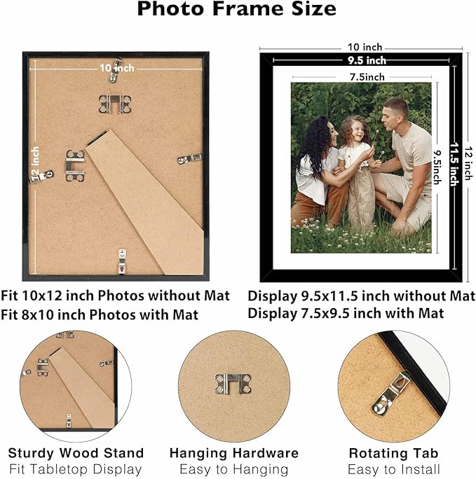 12 Packs 10x12 Picture Frames, Display 8x10 with Mat or 10x12 Without Mat, Gallery Wall Frame Set, 10 by 12 Frames Bulk Set of 12 Collage Wall Decor Photo Frames Set for Wall and Tabletop, Black