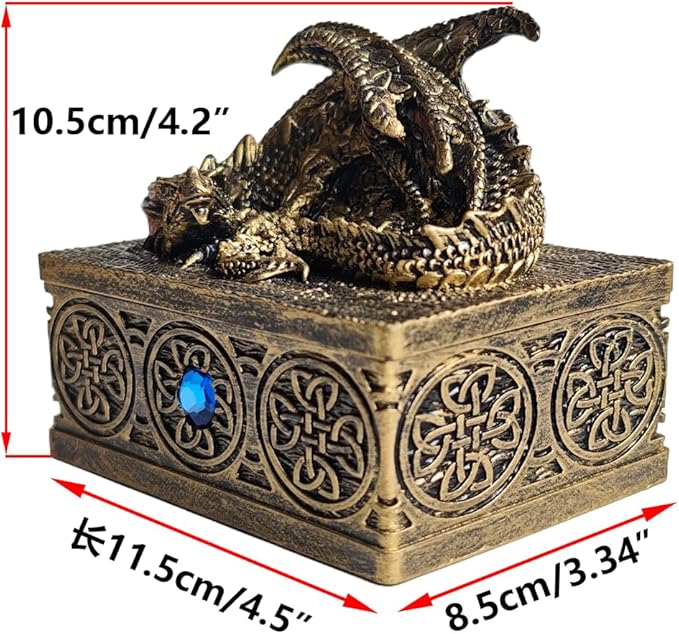 Dragon Statue Jewelry Box - Medieval Fantasy Myth with Cover Treasure Box, Dragon Statue Decoration Collection Gift Box (Antique Bronze)