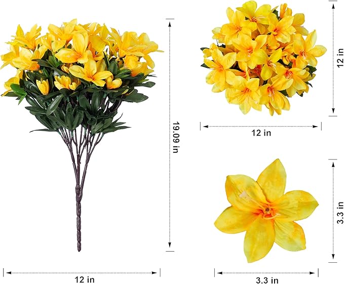 INSPRING Artificial Fall Flowers for Outdoors, 3 Bundles Fake Plants Silk Azalea Bouquet UV Resistant Realistic Faux Fall Flowers for Outdoor Planters Front Door Patio Garden Walkways Home, Yellow