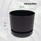 Elly Décor 12 inch Plastic Cylinder Planter Pot with Self-Watering Saucer and Drainage Hole,Lightweight & Extremely Durable, 12"x 12", Black