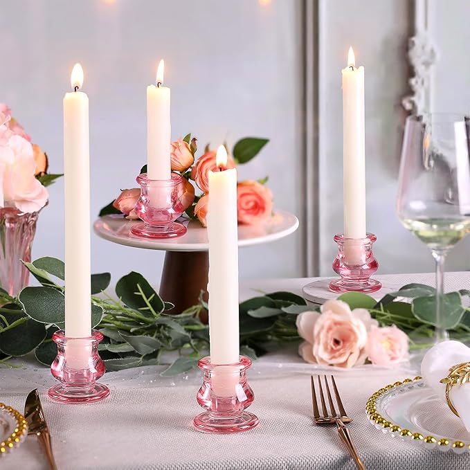 12pcs Pink Candlestick Holders, Pink Glass Candle Holders for Pillar Candles, Taper Candle and Tealight Candles, Taper Candle Holders for Wedding, Table Centerpiece