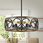 XINGQI 21.7'' Modern Chandelier, Farmhouse Drum Chandeliers for Dining Room Living Room Bedroom 5-Light Pendant Lighting Round Black Metal Antique Wood Grain Finish Adjustable
