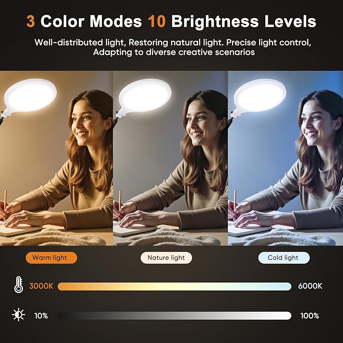 Desk Ring Light with Stand, 10" LED Desk Ring Light with Clamp, 360°Rotate & Flexible Height Full-Screen Overhead Ringlight for Video Recording, TikTok, YouTube, Live Streaming, Content Creation