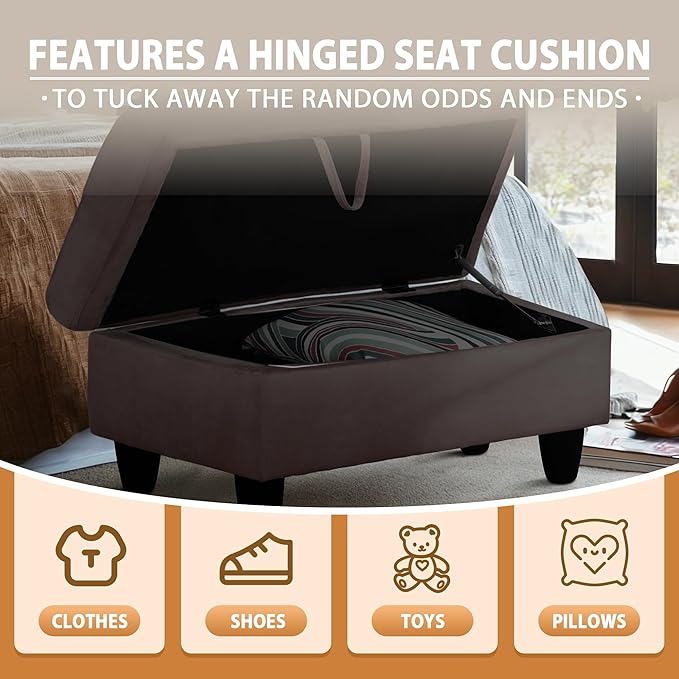 Ottoman Rectangular Storage Ottoman Bench, Flannel Footrest Stool Footstool with Lid for Living Room, Bedroom, Entryway, Dark Coffee, 28.5"x19"x17.5"