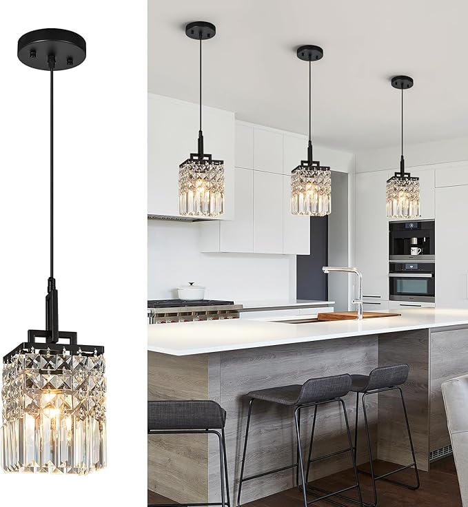 Modern Crystal Pendant Light Kitchen Island Farmhouse Lamp Adjustable Height Hanging Lighting Square Black Chandelier Suitable for Kitchen Island Dining Room and Bedroom(3Pack)