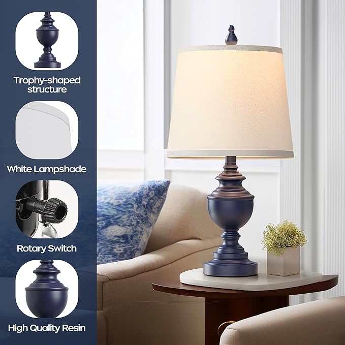 PARTPHONER Retro Table Lamps Set of 2, Bedside Lamp for Bedroom Rustic Farmhouse Table Lamps for Living Room, Vintage Nightstand Lamps with White Shades, Blue