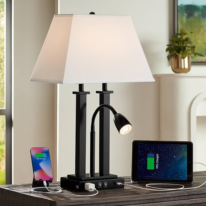 Possini Euro Design Deacon Modern Gooseneck Desk Lamp with USB Charging Port and Outlet 26" High LED Black Metal Oatmeal Linen Fabric Shade for Living Room Bedroom House Bedside Nightstand Office
