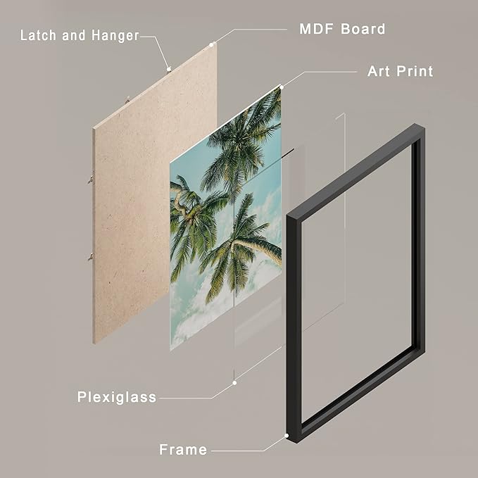 SIGNWIN Framed White Topical Teal Sky Palm Tree Beach Ocean Seaside Wall Art, Set of 4 Landscape Colorful Wall Decor Prints, Nature Wilderness Wall Décor for Living Room, Bedroom - 12"x16" Black