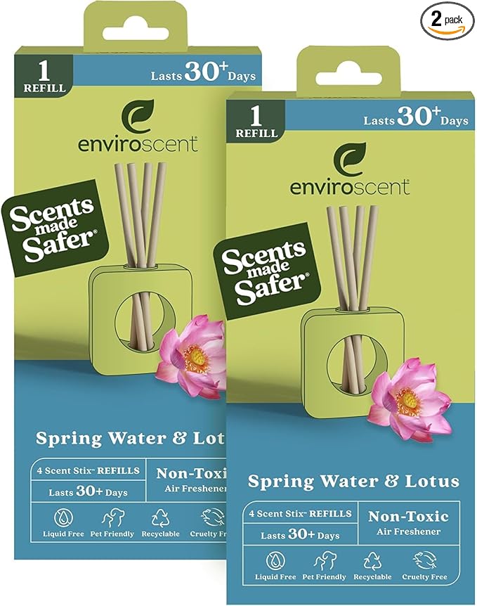 Enviroscent Non-Toxic Air Freshener for Home (Spring Water & Lotus) Essential Oil Diffuser | Home Fragrance Last Over 30 Days | 8 Scent Stix Refills