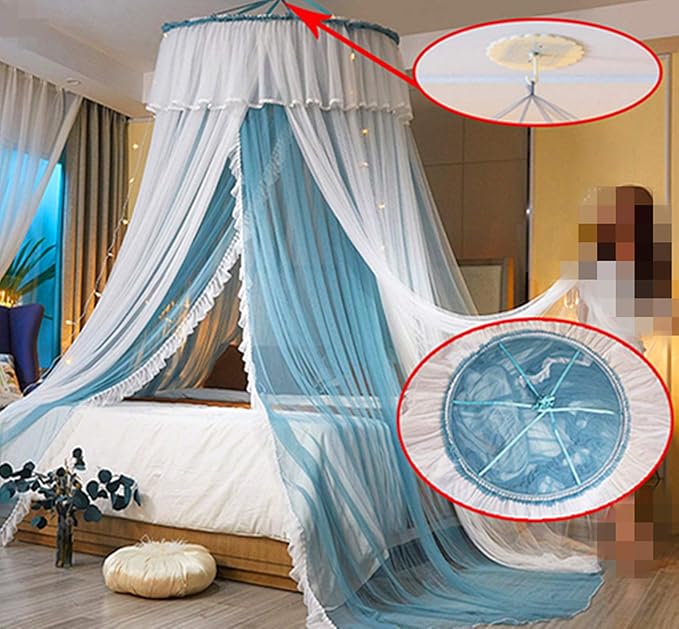 VETHIN Princess Bed Canopy for Girls,Bed Canopy Curtain- Double Layer Sheer Mesh Dome Bed Curtain- Round Lace Princess Mosquito Net Tent with led Stars String Lights(Blue/White)