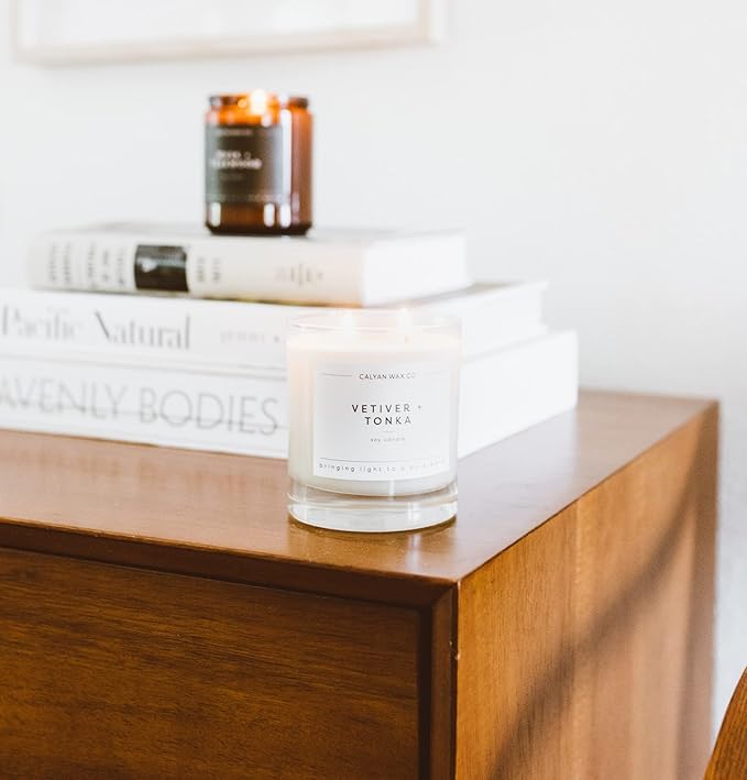 Calyan Wax Co. 2 Wick Candle, Vetiver + Tonka Scented Candle, 37 Hour Burn Time, Aromatherapy Soy Candles, Non Toxic & Vegan Soy Wax, Glass Tumbler Scented Candles, 8.8oz