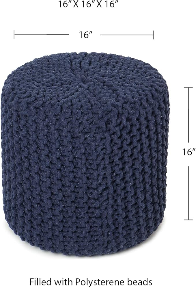 REDEARTH Cylindrical Pouf Ottoman -Hand Knitted Poof Pouffe Accent Chair Seat Footrest for Living Room, Bedroom, Nursery, kidsroom, Patio, Gym; 100% Cotton (16x16x16; Navy Blue)
