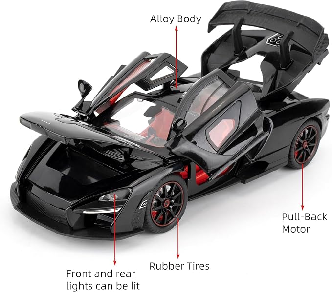 1:24 Scale Car Model Compatible for Collectible McLaren Senna Super Sports Car Toys, Zinc Alloy Pull Back Toy Vehicle with Sound and Light for Adult Boys Girls 3 4 5 6 7 8 (Black)