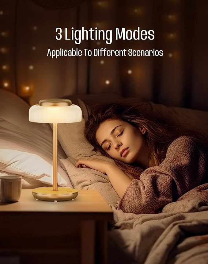 QiMH Battery Operated LED Table Lamp, 5000mAh Rechargeable Cordless Lamp, Stepless Dimmable Touch Control, Small Waterproof Desk Night Light for Living Room, Bedroom, Outdoor Bar (Gold)