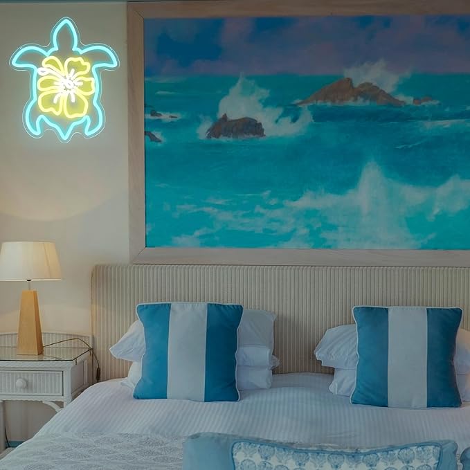 Sea Turtle Hibiscus Neon Signs for Wall Decor Blue Turtle Neon Light Yellow Flower LED Neon Wall Sign Ocean Neon Light Up Sign for Bedroom Living Room Office Decor Sea Turtle Gifts
