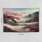Japanese Tapestry, Red Plum Cherry Blossom Mountain Tapestry, Asian Japanese Wall Tapestry, Nature Landscape Tapestries for Bedroom Living Room Decor 90"x60"