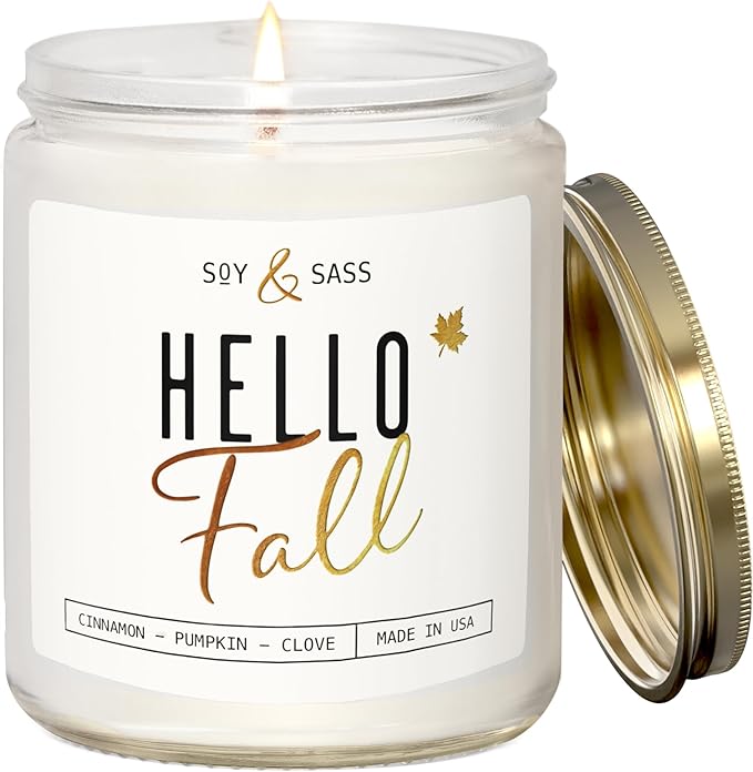 Fall Candles - 'Hello Fall Scented Candle' w/Cinnamon, Pumpkin & Fir I Infused with Essential Oils Autumn Scented Soy Candles for Home Décor, 9oz Reusable Jar, 50Hr Burn, Made in USA