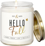 Fall Candles - 'Hello Fall Scented Candle' w/Cinnamon, Pumpkin & Fir I Infused with Essential Oils Autumn Scented Soy Candles for Home Décor, 9oz Reusable Jar, 50Hr Burn, Made in USA