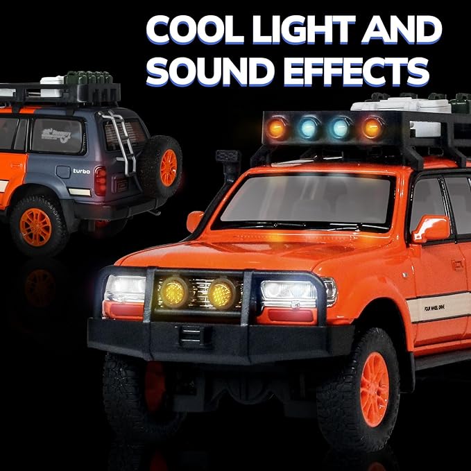 Toy Cars for Boys Diecast Cars 1 24 Scale Compatible with Land Cruiser LC80 Car Model Collectible,Pull Back Toy Car with Lights and Sounds,Toy Cars for Boys Age 4-7（Orange）