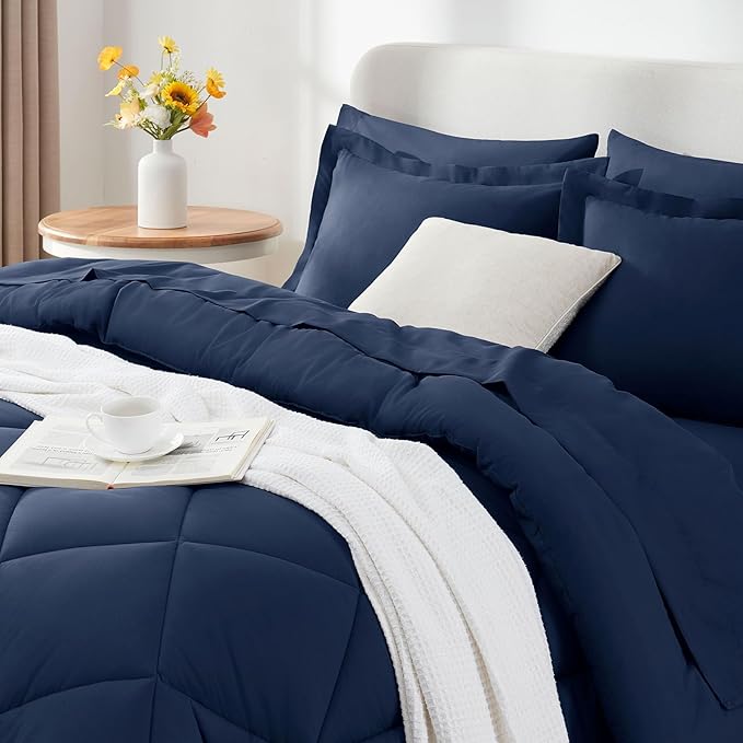 CozyLux California King Comforter Set Navy Blue - Cal King Bed in a Bag 7 Pieces, Luxury Soft Bed Set for All Seasons, Bedding Set with Down Alternative Comforter, Sheets, Pillowcases & Shams