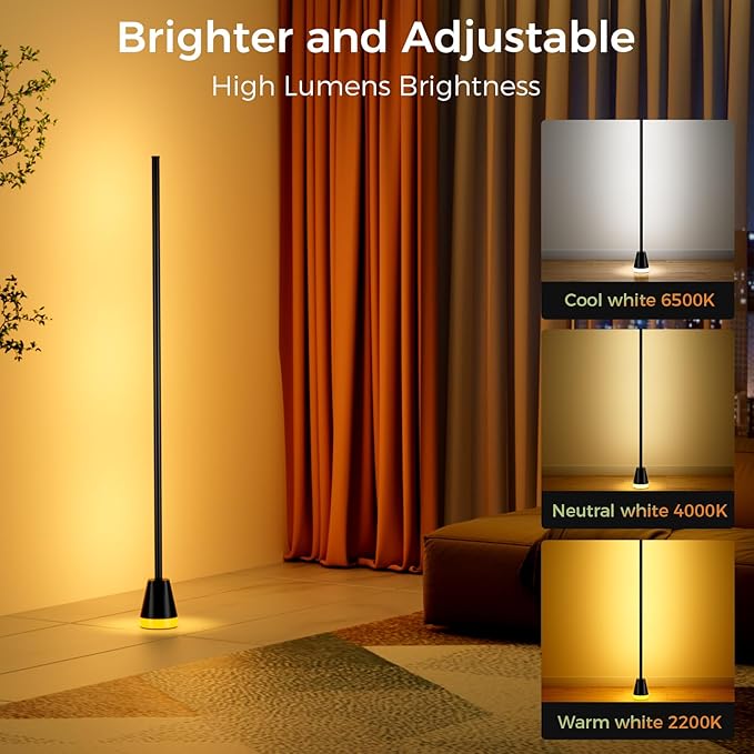 RGB Corner Floor Lamp, 60 Inch Bright Standing Lamps for Bedroom with APP and Remote Modern Floor Lamp Color Changing Ambience Light with Music Sync and 16 Million Colors