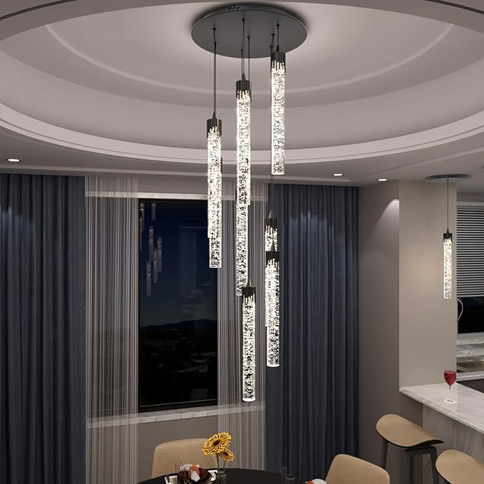 Pendant Light Fixtures LED Black 8-Light Chandelier for Living Room Modern Bubble Crystal Chandelier Entryway Foyer Dimmale 2700K-6000K