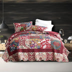 ENASAL Cotton Bedspread Quilt Sets Reversible Bedding Coverlet Sets Comforters Vintage Luxury Damask Floral Real Patchwork Burgundy Bedspread,King Size