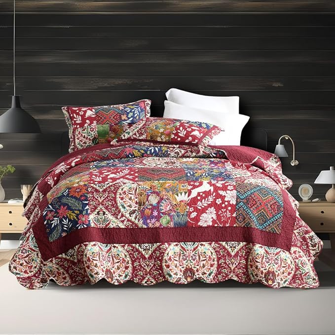 ENASAL Cotton Bedspread Quilt Sets Reversible Bedding Coverlet Sets Comforters Vintage Luxury Damask Floral Real Patchwork Burgundy Bedspread,King Size