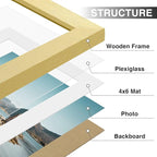 Vittanly 5x7 Picture Frames Set of 9, Shatter Resistant Plexiglass, Display 4x6 Pictures with Mat or 5x7 without Mat, Photo Frames for Wall or Tabletop, Engineered Wood, Gold