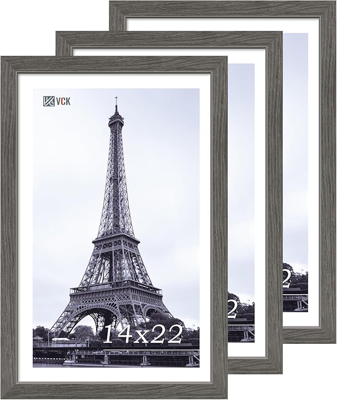 VCK 14x22 Picture Frame Set of 3, Gray Solid Wood Poster Picture Frame, Exclusive Wood Grain, Wall Mounting Hanging