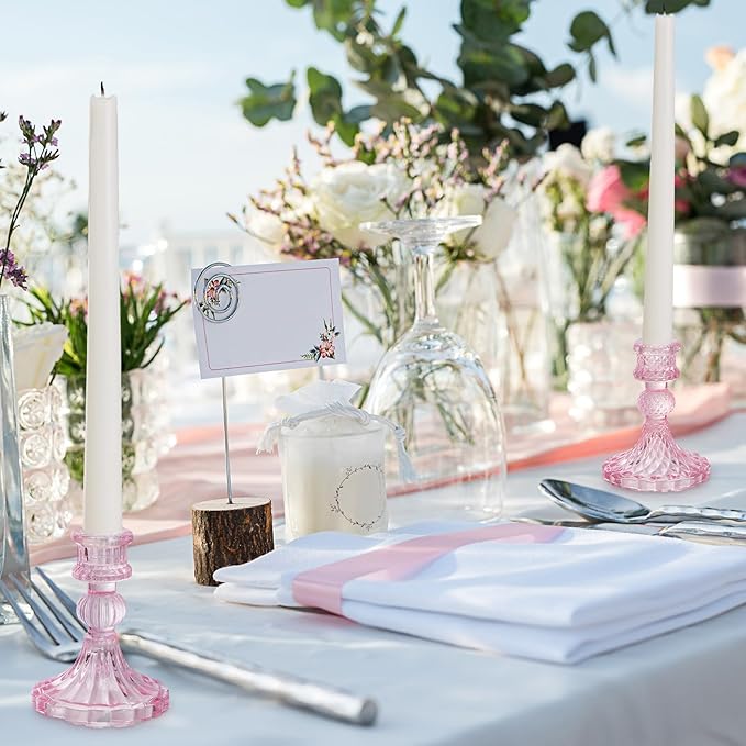 Mumufy 10 Pcs Glass Crystal Taper Candle Holders Clear Glass Candlestick Holder Fit 0.8 Inch Candles Crystal Decorative Candle Stand Centerpiece Table Wedding Dining Party (Classic,Pink)