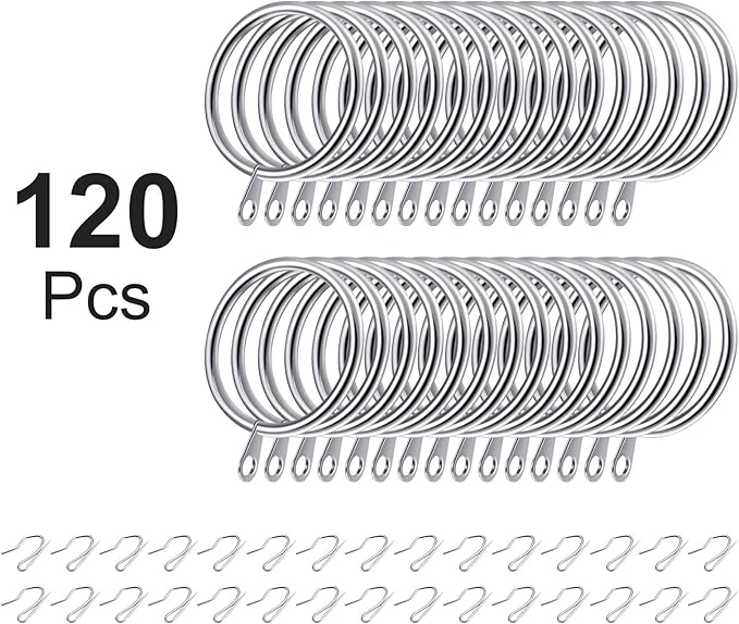 Hotop 60 Pieces 1.26 Inch Metal Drapery Curtain Rings Curtain Hanging Rings and 60 Pieces Metal Drapery Pin Hooks for Drapes Window Door Shower (Silver)