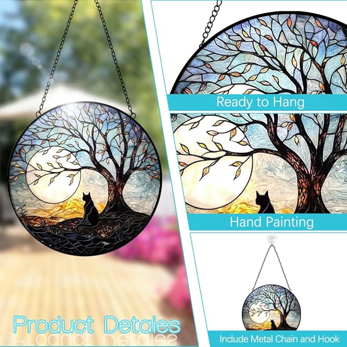 Cat with Tree of Life Suncatcher Stained Glass Window Hanging - 8” Stained Glass Suncatchers for Windows - Sun Catchers Indoor Window Catcher with Hooks and Chain - Birthday Gifts for Mom Grandma