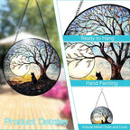 Cat with Tree of Life Suncatcher Stained Glass Window Hanging - 8” Stained Glass Suncatchers for Windows - Sun Catchers Indoor Window Catcher with Hooks and Chain - Birthday Gifts for Mom Grandma