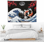 Houselerax Japanese Koi Fish Tapestry, Yin Yang Big Wave Red Cherry Blossom Tapestries Wall Hanging for Bedroom Living Room Office Decor 80"x60"