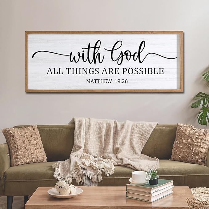 With God All Things are Possible Framed Wall Art, 40''×15'' Natural Religious Rustic Bible Verse for Christian God Jesus Christ Prayer, Holy Positive Horizontal Inspirational Catholic Scripture Decor